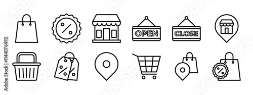 Retail or store shop outline icon set. Containing location, store, price tag, market, promotion, sign, grocery, open and close sign, bag, shopping cart and basket. Vector illustration