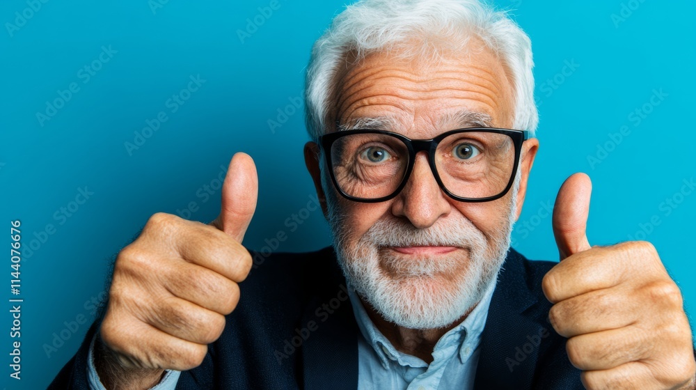 Man with glasses is giving a thumbs up. He is smiling and he is happy. The image conveys a positive and friendly atmosphere Man with glasses is giving a thumbs up. He is smiling and he is happy. The image conveys a positive and friendly atmosphere