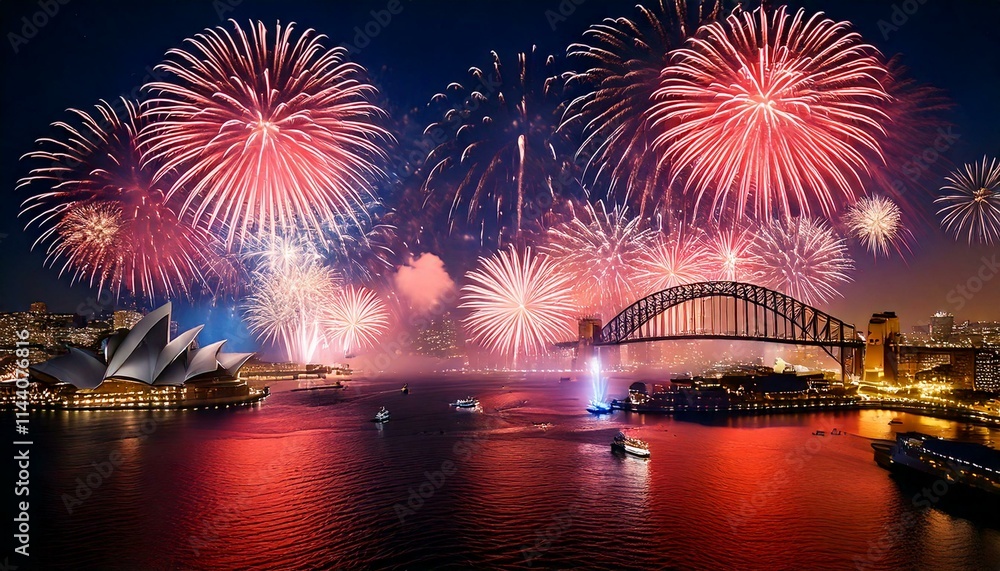 Naklejka premium Australia is Sydney's night view and New Year's fireworks: Opera House. For banners and thumbnails