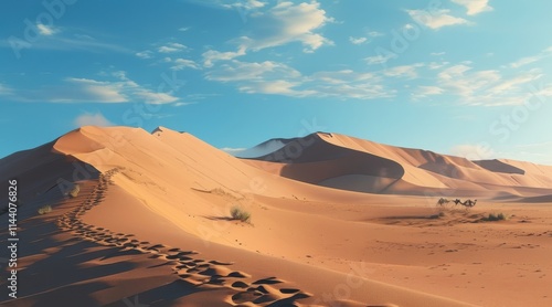 Vast Desert with High Sand Dunes, Clear Blue Sky, Camel Tracks.