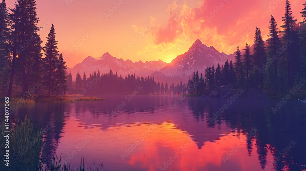 Fototapeta premium A serene mountain lake at sunset, with vibrant orange and pink hues reflecting on the calm water surface, surrounded by tall pine trees and rugged peaks in the distance 