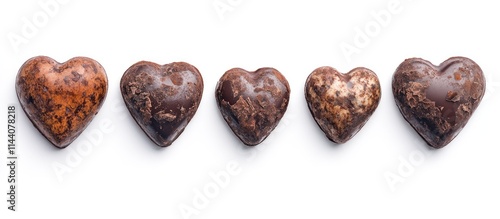 Chocolate heart candies arranged in a line on a clean white background showcasing their rich textures and elegant shapes