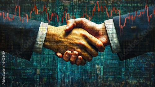 Depiction of the global financial ecosystem featuring trading charts graphs and a handshake signifying partnership investment and towards growth and success