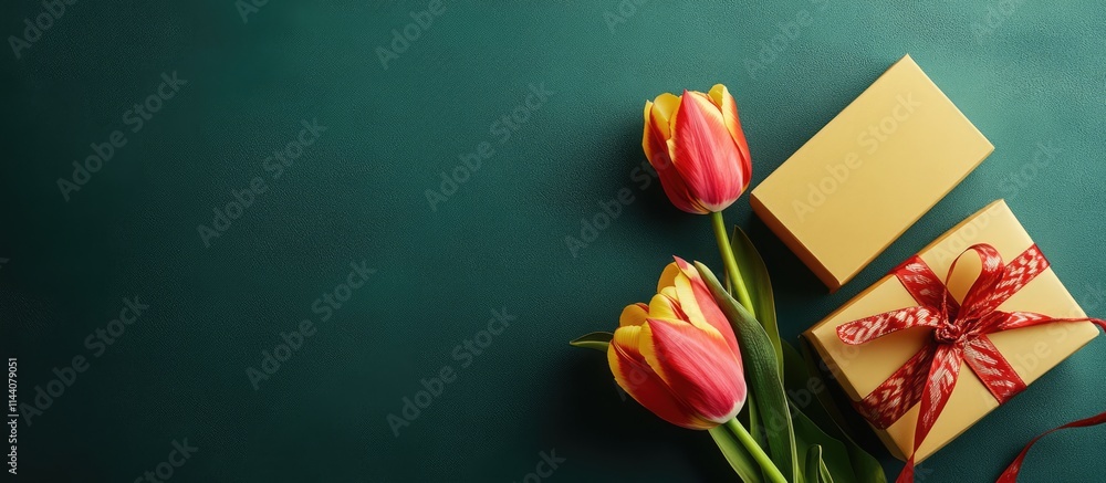 Fototapeta premium Aerial view of a gift box and tulip flowers on a green backdrop for Mother's Day celebration with space for your personalized message