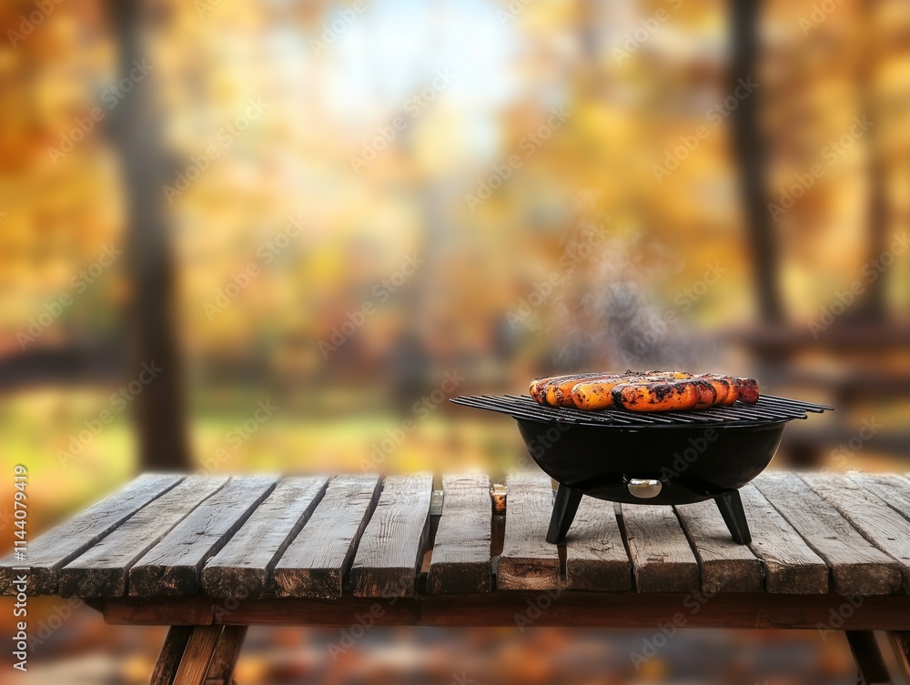 A grill with two hot dogs on it sits on a wooden table in a park A grill with two hot dogs on it sits on a wooden table in a park