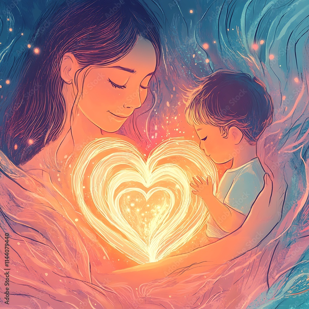 Abstract illustration of a mother holding a child close, glowing heart between them Abstract illustration of a mother holding a child close, glowing heart between them