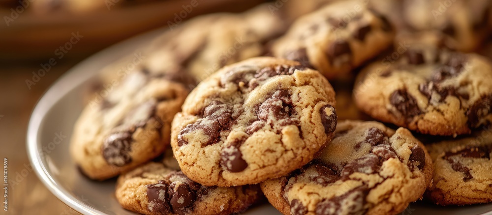 Deliciously baked chocolate chip cookies on a plate with a warm rustic background showcasing tempting homemade desserts. Deliciously baked chocolate chip cookies on a plate with a warm rustic background showcasing tempting homemade desserts.