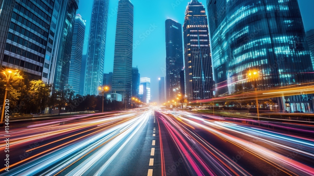 A city street with a lot of traffic and tall buildings A city street with a lot of traffic and tall buildings