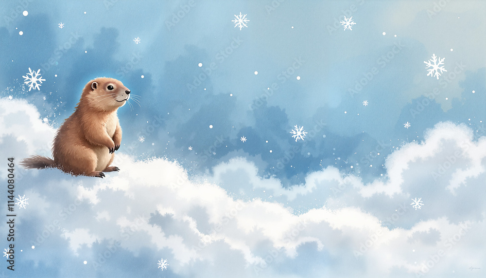 Marmot sitting on a snowy cloud under a blue sky with falling snowflakes, Groundhog Day Marmot sitting on a snowy cloud under a blue sky with falling snowflakes, Groundhog Day