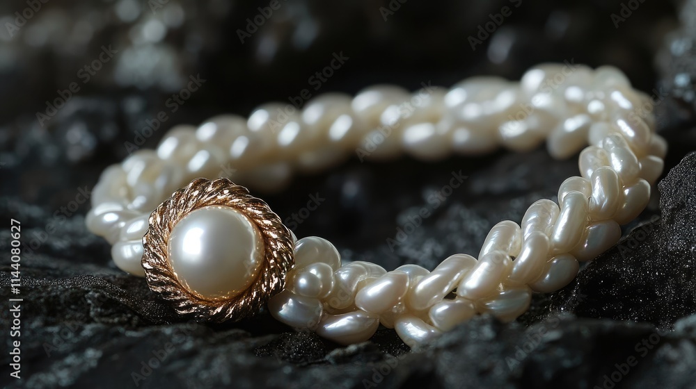 Elegant handmade pearl bracelet with intricate gold clasp on a textured rock background Elegant handmade pearl bracelet with intricate gold clasp on a textured rock background