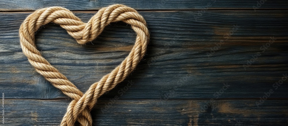 Heart-shaped rope design on wooden surface with space for personalized text and messages for creative and marketing purposes. Heart-shaped rope design on wooden surface with space for personalized text and messages for creative and marketing purposes.