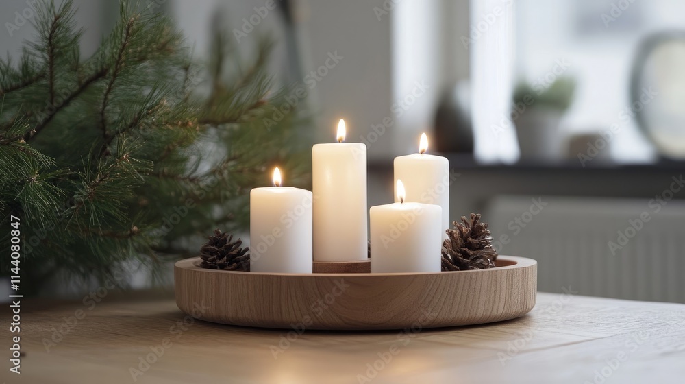 Modern Advent wreath with four lit candles and pinecones in a wooden tray for festive seasonal decoration. Modern Advent wreath with four lit candles and pinecones in a wooden tray for festive seasonal decoration.