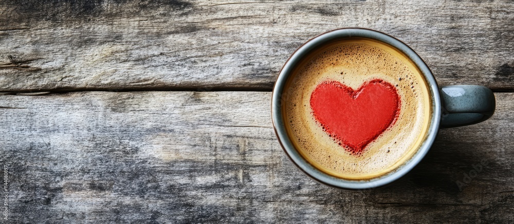 Coffee cup with heart design on wooden table top view romantic beverage concept Coffee cup with heart design on wooden table top view romantic beverage concept