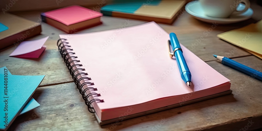 A blank spiral-bound notebook rests on a wooden surface, accompanied by a teal pen and pastel-colored sticky notes, suggesting a moment of quiet contemplation and preparation for writing or drawing. A blank spiral-bound notebook rests on a wooden surface, accompanied by a teal pen and pastel-colored sticky notes, suggesting a moment of quiet contemplation and preparation for writing or drawing.