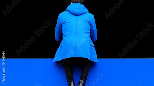 Solitude in Blue: A man sits alone, viewed from behind, dressed in a vibrant blue coat against a stark, monochrome background.  The image evokes a sense of contemplation and mystery.