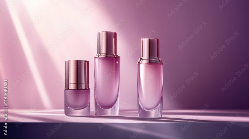 Elegant cosmetic bottles with a sleek modern design, glowing under soft lighting, realistic depiction, isolated with a clean background for artistic focus. Elegant cosmetic bottles with a sleek modern design, glowing under soft lighting, realistic depiction, isolated with a clean background for artistic focus.