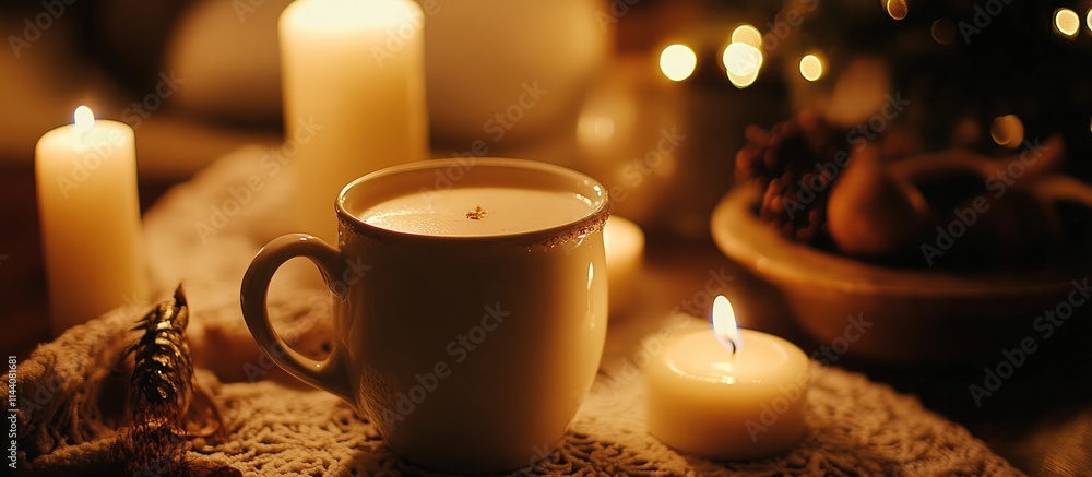 Cozy setting with egg nog in a white mug surrounded by candles and a festive atmosphere perfect for winter gatherings Cozy setting with egg nog in a white mug surrounded by candles and a festive atmosphere perfect for winter gatherings