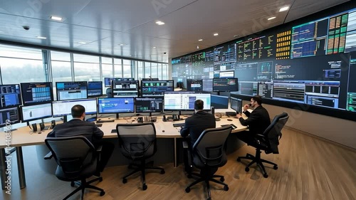 Modern Control Room: Team of engineers monitoring and managing complex systems.  High-tech digital displays provide real-time data.  A sense of focus and precision. 