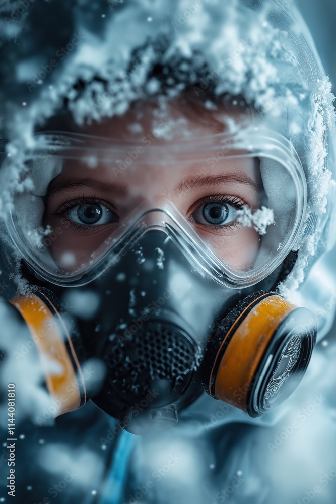 A young girl wearing a gas mask and goggles is looking at the camera. Concept of danger and caution, as the girl is wearing protective gear to protect herself from potential harm A young girl wearing a gas mask and goggles is looking at the camera. Concept of danger and caution, as the girl is wearing protective gear to protect herself from potential harm