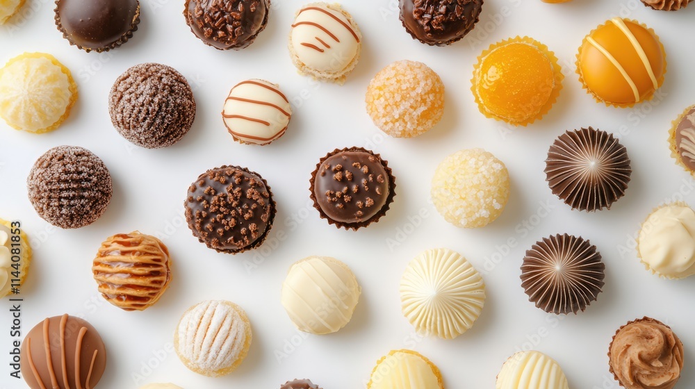 Artisan Confectionery Assortment on White Background with Elegant Chocolate and Fruit Flavored Treats Artisan Confectionery Assortment on White Background with Elegant Chocolate and Fruit Flavored Treats