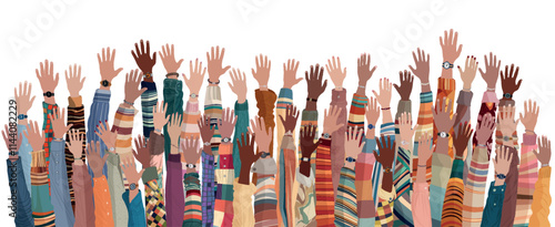 Group of raised hands of multicultural people colleagues or volunteers