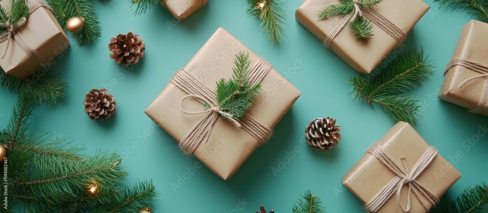 Festive flat lay of wrapped gifts surrounded by pine branches and pine cones on a teal background for a cheerful holiday atmosphere Festive flat lay of wrapped gifts surrounded by pine branches and pine cones on a teal background for a cheerful holiday atmosphere