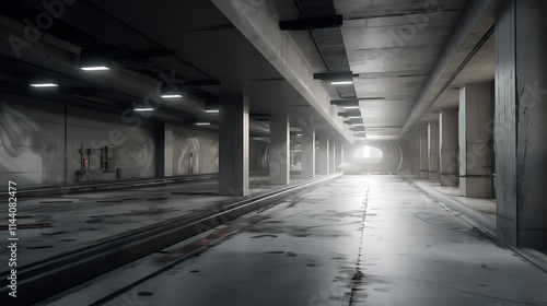 Wallpaper Mural Long, dimly lit underground passage with concrete walls, floor, and ceiling; featuring tracks and graffiti. Torontodigital.ca