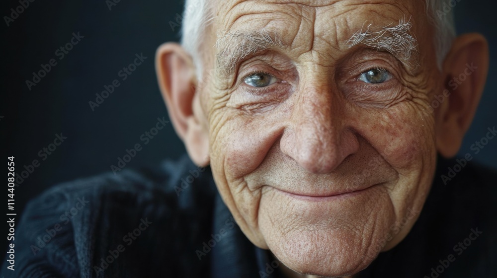 Portrait of elderly man with deep wrinkles, kind smile, eyes filled with wisdom, soft natural light, feeling of life experience and compassion Portrait of elderly man with deep wrinkles, kind smile, eyes filled with wisdom, soft natural light, feeling of life experience and compassion