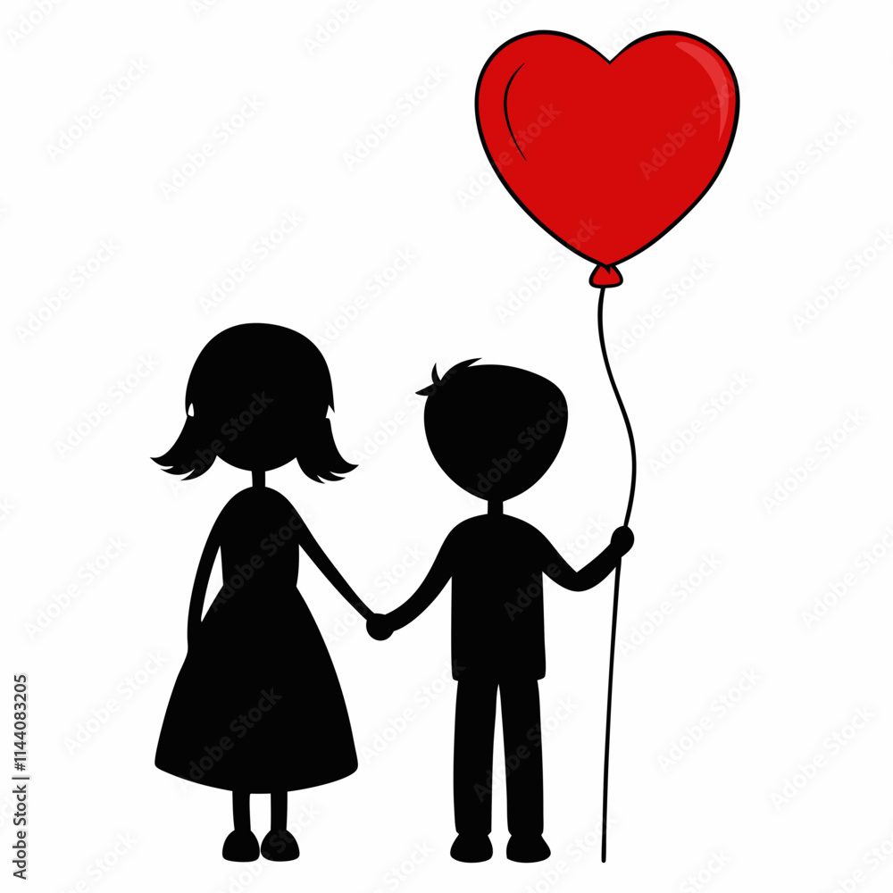 Cute Stick Figure Couple with red Heart Balloon Cute Stick Figure Couple with red Heart Balloon