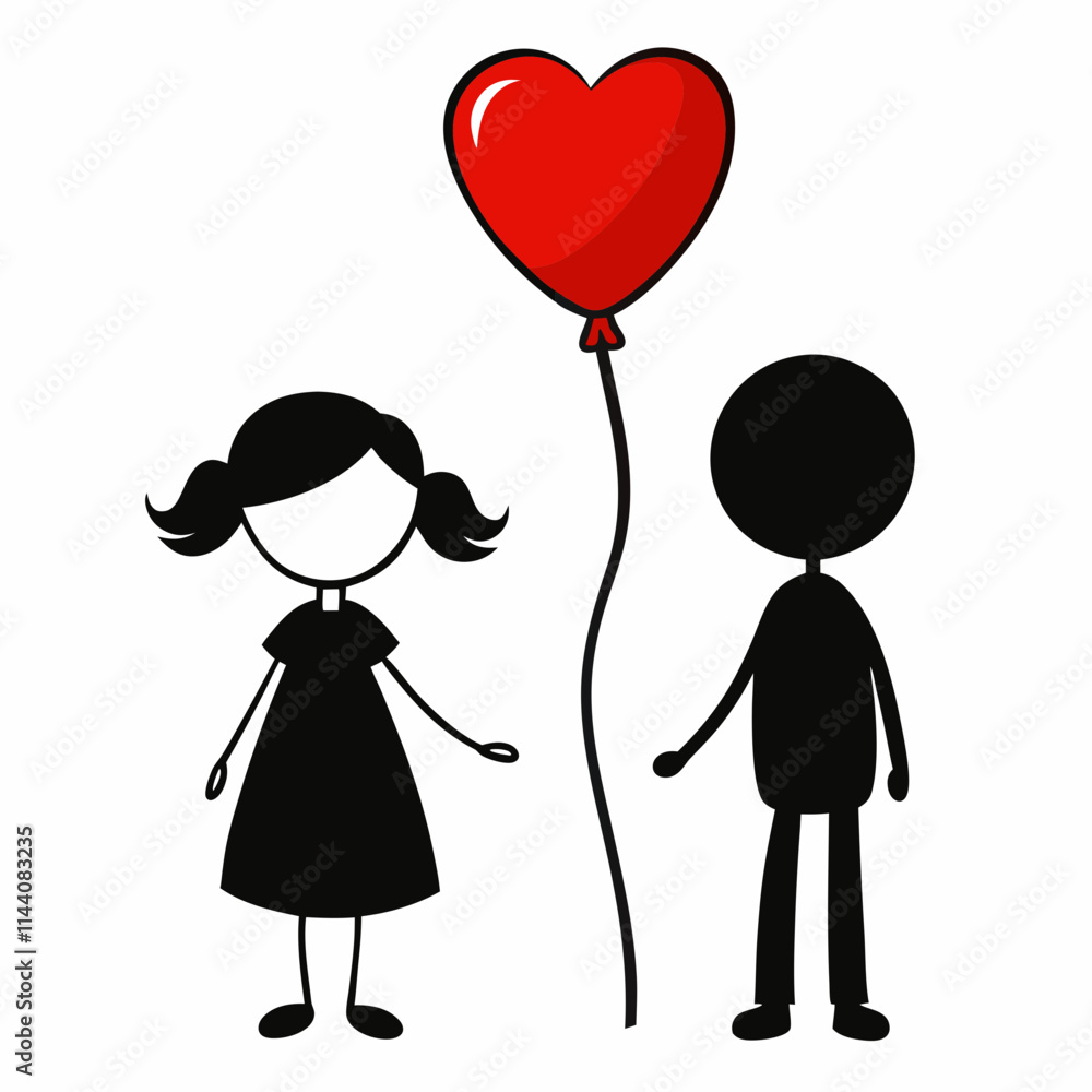 Cute Stick Figure Couple with red Heart Balloon Cute Stick Figure Couple with red Heart Balloon