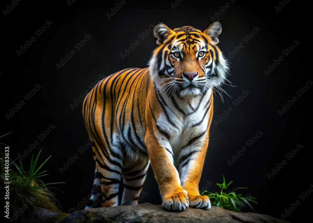 Obraz premium A majestic Bengal tiger, powerful and endangered, stares from the dark, a wildlife photography masterpiece.