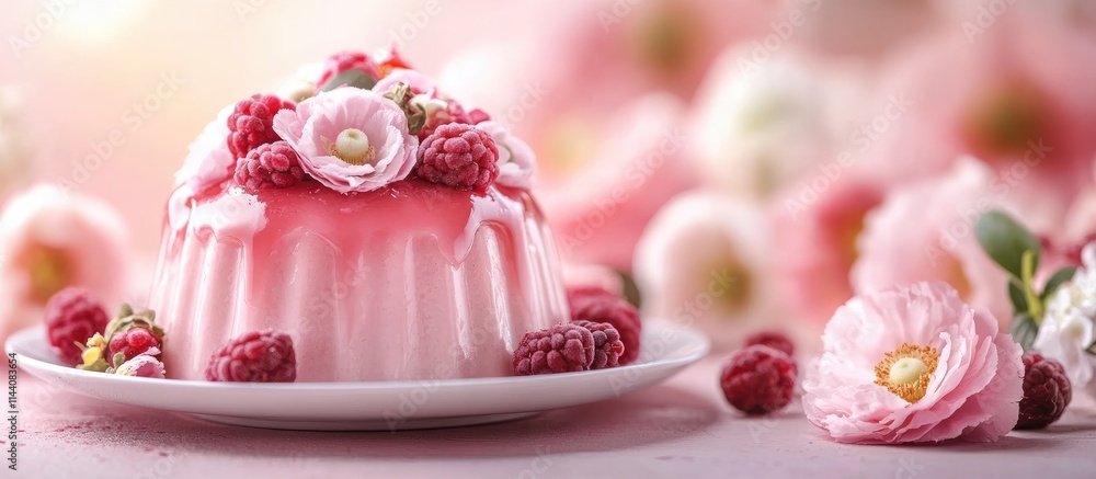 Delicate pink glazed souffle adorned with berries and ranunculus flowers creating an elegant dessert display against a soft pastel background Delicate pink glazed souffle adorned with berries and ranunculus flowers creating an elegant dessert display against a soft pastel background