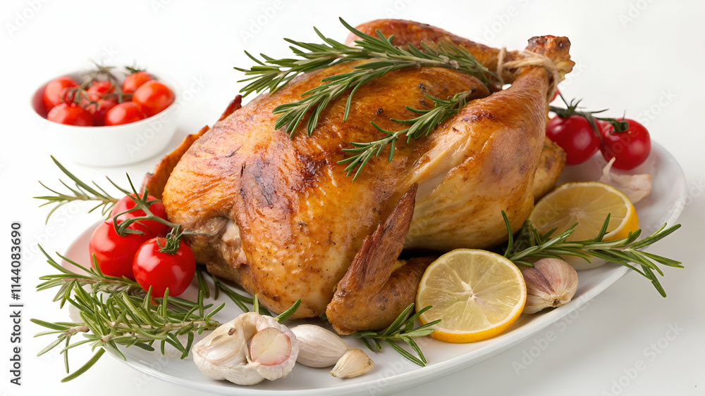 Roasted turkey with golden skin, garnished with rosemary, tomatoes, garlic, and lemon, displayed on a white background for holiday designs Roasted turkey with golden skin, garnished with rosemary, tomatoes, garlic, and lemon, displayed on a white background for holiday designs