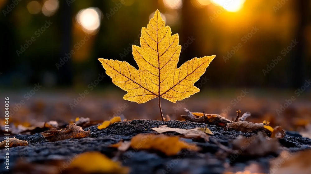 Golden Autumn Leaf: A single, vibrant maple leaf stands tall amidst a bed of fallen leaves, bathed in the warm glow of the setting sun, evoking a sense of serene beauty and the passage of time. Golden Autumn Leaf: A single, vibrant maple leaf stands tall amidst a bed of fallen leaves, bathed in the warm glow of the setting sun, evoking a sense of serene beauty and the passage of time.