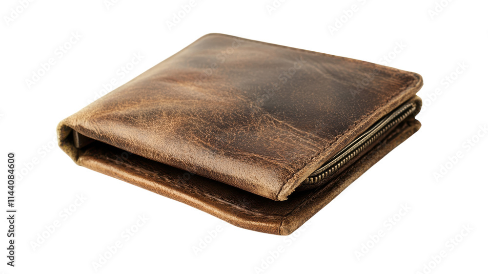 A classic brown leather wallet resting on a surface with a textured background highlighting its worn appearance. A classic brown leather wallet resting on a surface with a textured background highlighting its worn appearance.