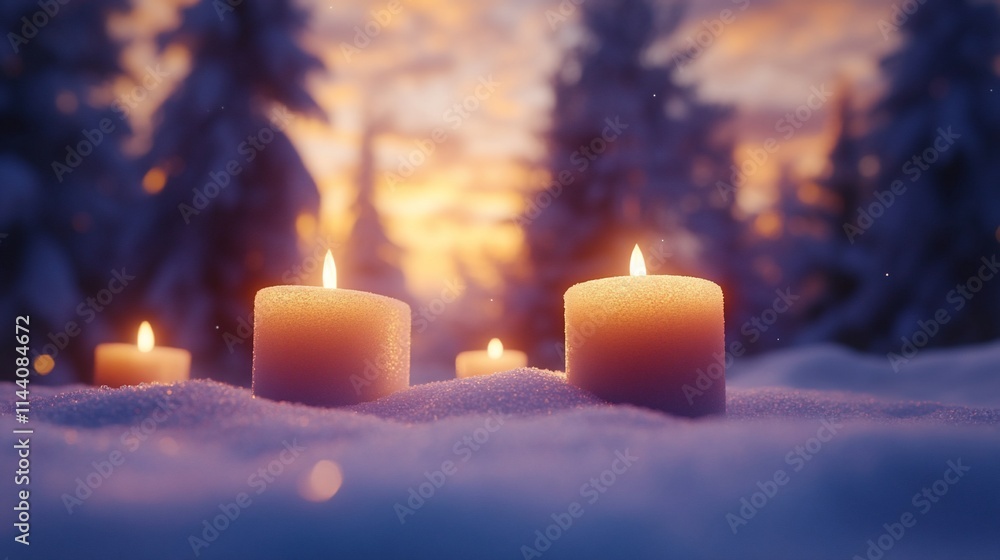 Illuminated candles in snowy winter forest at sunset. Illuminated candles in snowy winter forest at sunset.