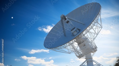 Detailed close up photography of a parabolic antenna dish mounted on a tall communication tower structure  The metallic dish reflects the surrounding sky and environment photo