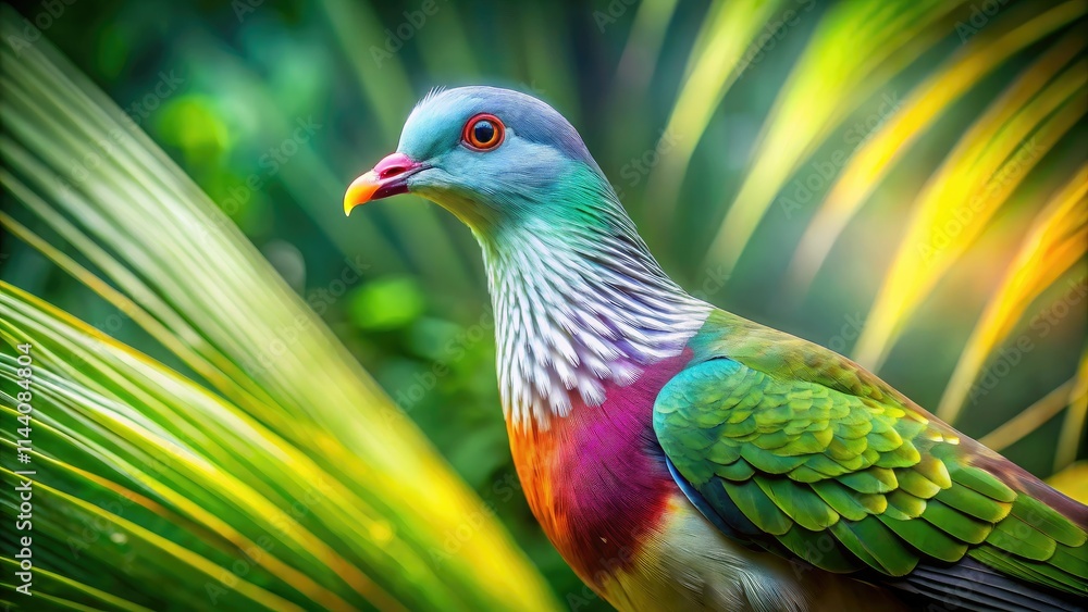 Fototapeta premium A vibrant Superb Fruit Dove, captured in long exposure, showcases its vivid colors against a blurred rainforest backdrop.