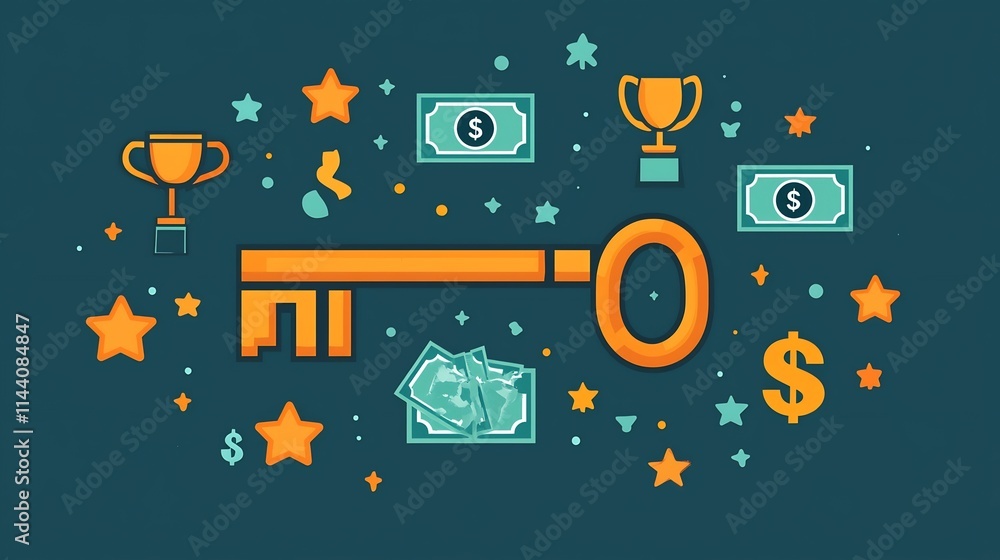 Obraz premium Key Surrounded by Floating Symbols of Successful Business Achievement Financial Growth and Personal Ambition Such as Trophies Money Bags and Stars