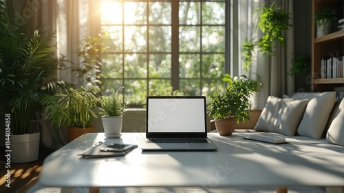 Laptop on table with plants and sunlight.