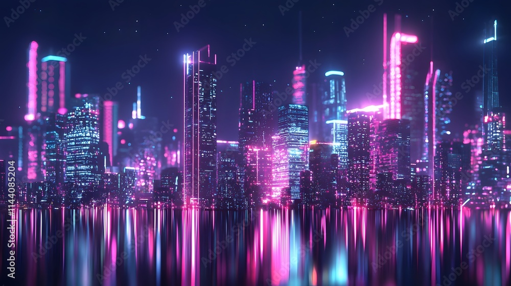 Digital Cityscape with Neon Highlights and Futuristic Style Digital Cityscape with Neon Highlights and Futuristic Style