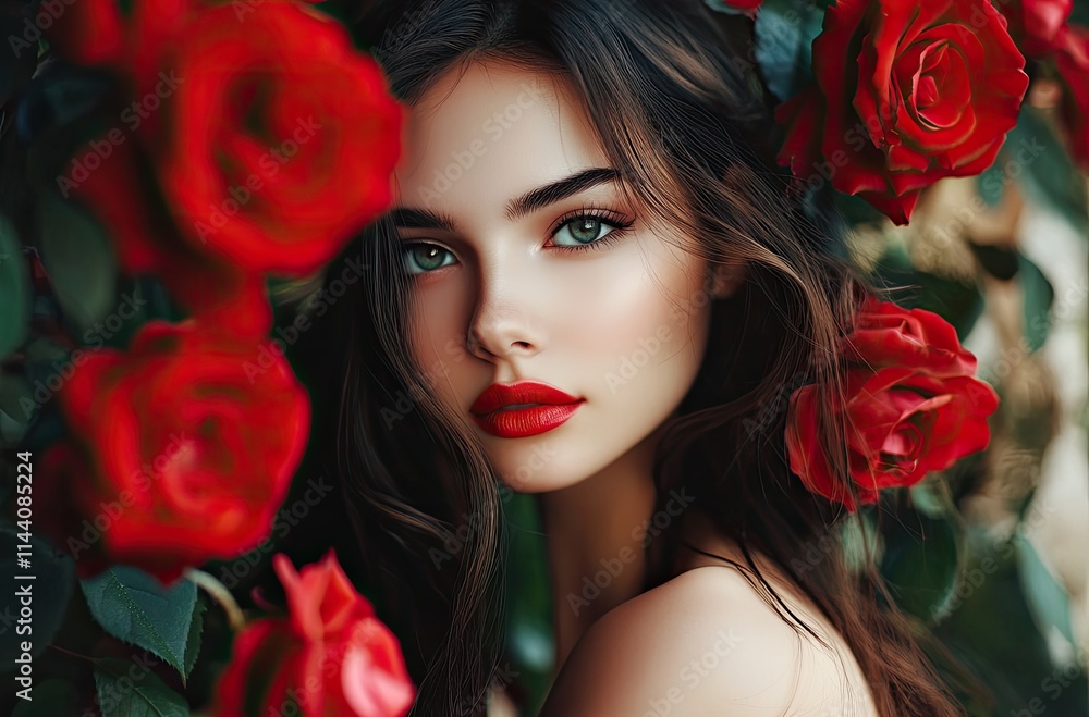 Beautiful brunette woman posing in front of red roses Beautiful brunette woman posing in front of red roses