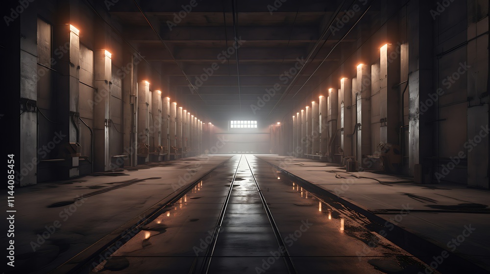 Dark, industrial tunnel with metal walls, lighting, and a reflective floor. Dark, industrial tunnel with metal walls, lighting, and a reflective floor.