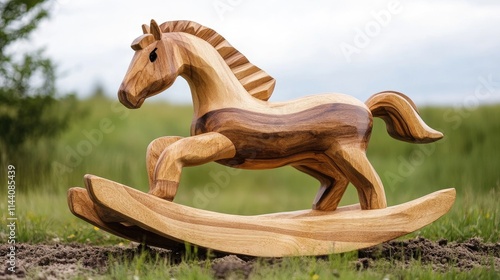 Handcrafted wooden rocking horse toy with intricate design set against a natural outdoor background photo