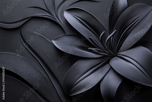 Dark gray lily flower, paper art, 3D floral design, abstract background.