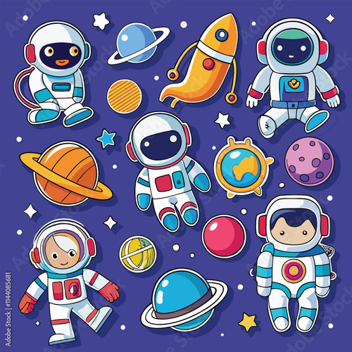 Cute astronauts cartoon characters vector illustration sticker set 