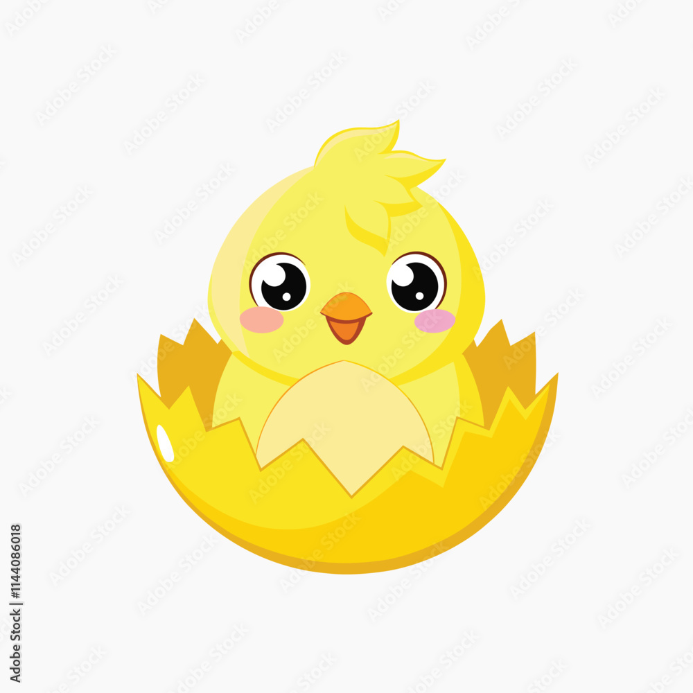 Cute yellow chicken in broken egg shell. Newborn baby hatched from an egg. vector cartoon illustration isolated on white background Cute yellow chicken in broken egg shell. Newborn baby hatched from an egg. vector cartoon illustration isolated on white background