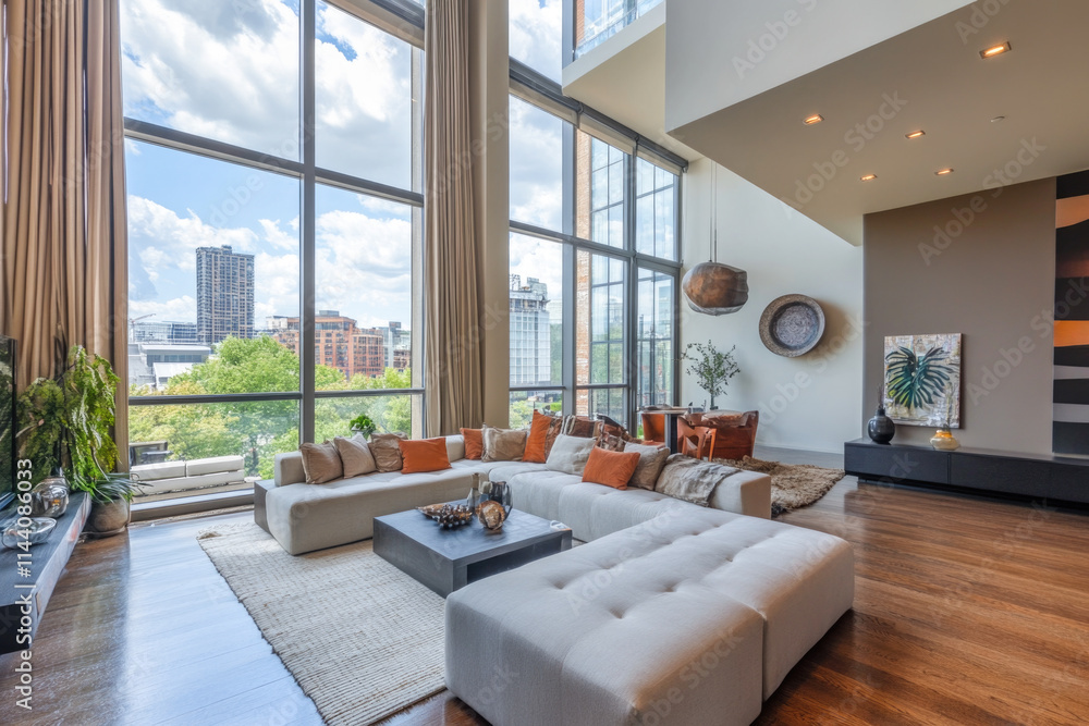 Fototapeta premium Modern spacious living room with large windows and cozy seating area