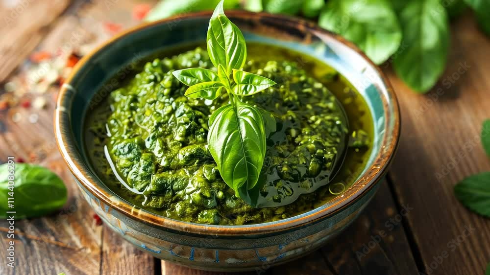 Bowl of pesto sauce on the table. Selective focus. food. Bowl of pesto sauce on the table. Selective focus. food.