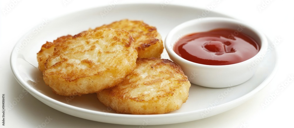 Crispy hashbrowns on a plate served with a side of rich tomato ketchup for a delicious breakfast or snack option. Crispy hashbrowns on a plate served with a side of rich tomato ketchup for a delicious breakfast or snack option.